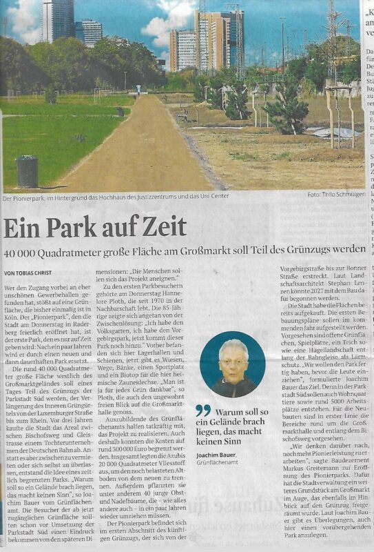 Artikel im Kölner Stadtanzeiger vom 23. September 2022 zum Pionierpark: "Ein Park auf Zeit" von Tobias Christ.