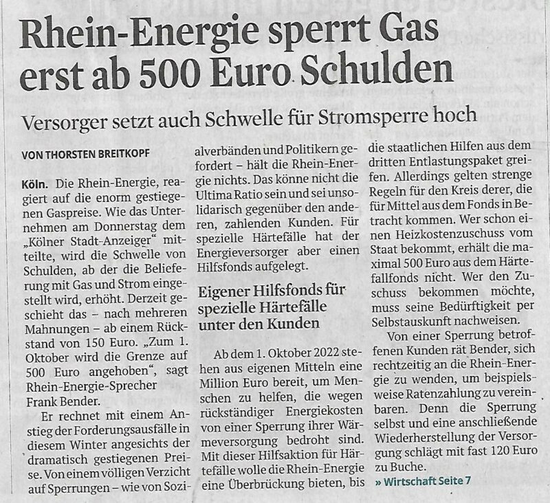Zeitungsausschnitt Rhein-Energie sperrt Gas